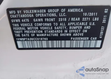 2012 Volkswagen Passat 2.5L Se z USA, uszkodzony, nr VIN 1VWBP7A35CC019763